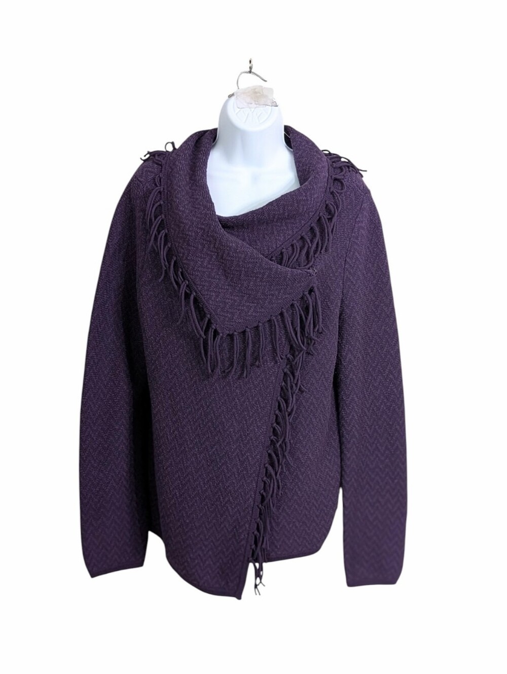 Chico's Deep Purple Convertible Fringe Cardigan Sweater Size M Cowl Neck Modest